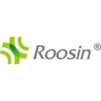 Logo Roosin : symbole de croix verte avec lignes courbes, texte gris.