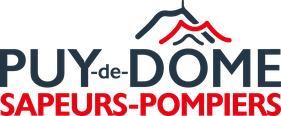 Logo des Sapeurs-Pompiers du Puy-de-Dôme avec silhouette de montagne en noir et rouge, et texte 