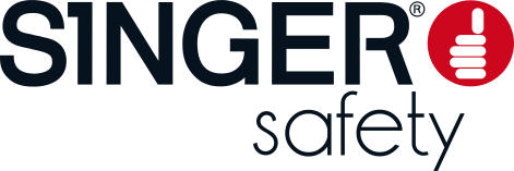Logo Singer Safety avec le texte « Singer » et « safety » en dessous, cercle rouge avec icône pouce levé.