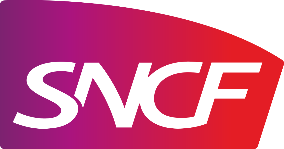 Logo SNCF : texte blanc sur fond dégradé rouge et violet.