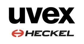 Logo Uvex Heckel : « UVEX » noir au-dessus du « HECKEL » rouge et noir avec un graphique rouge.