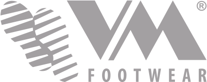 Le logo de vm footwear est gris et comporte une empreinte de chaussure.