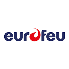 Un logo bleu et rouge pour eurofeu sur fond blanc.