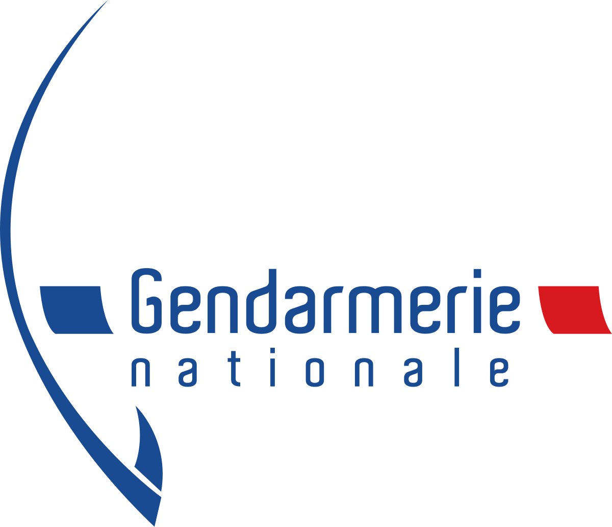 Logo de la Gendarmerie Nationale française : arc bleu, texte, carré bleu et rectangle rouge.