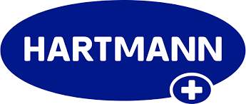 Un logo Hartmann bleu avec un signe plus blanc