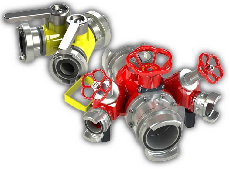 Deux bornes d'incendie, une jaune, une rouge, avec vannes et connecteurs.