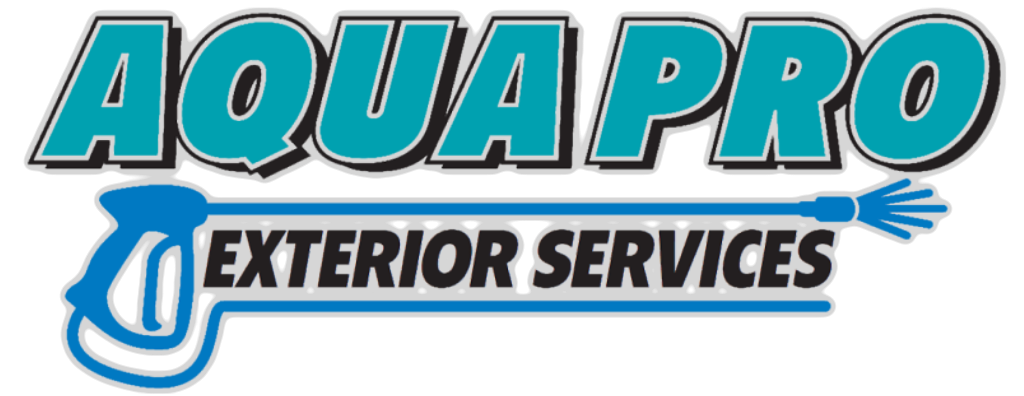 Aqua Pro Exterior Services logo with teal text and a blue pressure washer graphic.