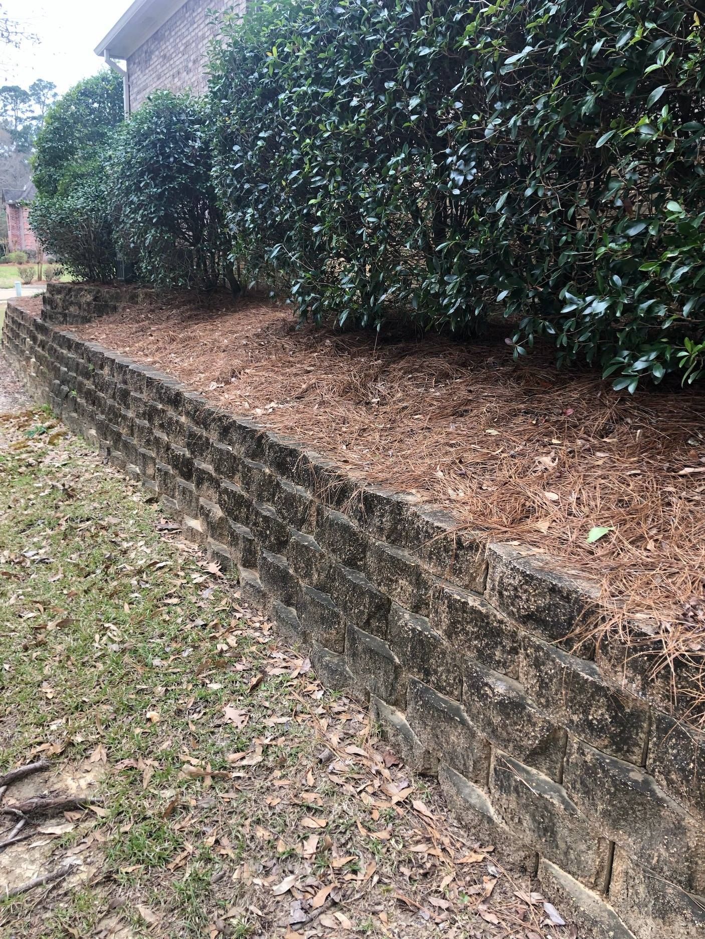 Low retaining wall made of stacked blocks, with bushes and mulch in the background.