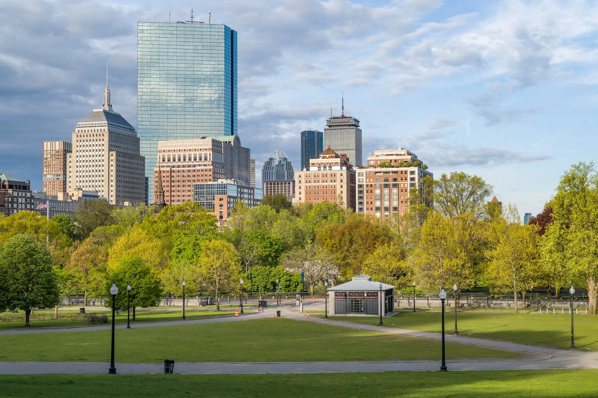 A park with a city skyline in the background