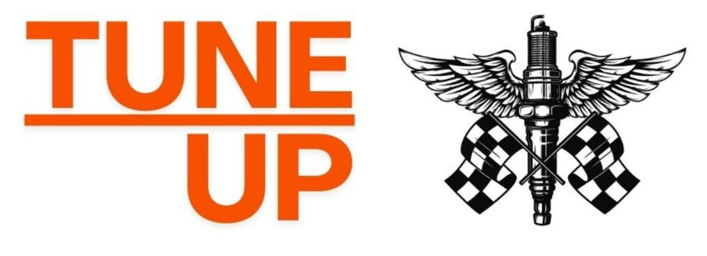 A logo for tune up with a winged spark plug and checkered flag