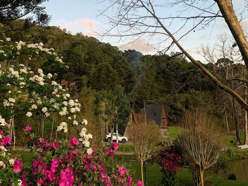 Uma vista panorâmica de uma encosta arborizada com flores brancas e rosas em primeiro plano, um carro branco e uma casa entre as árvores.