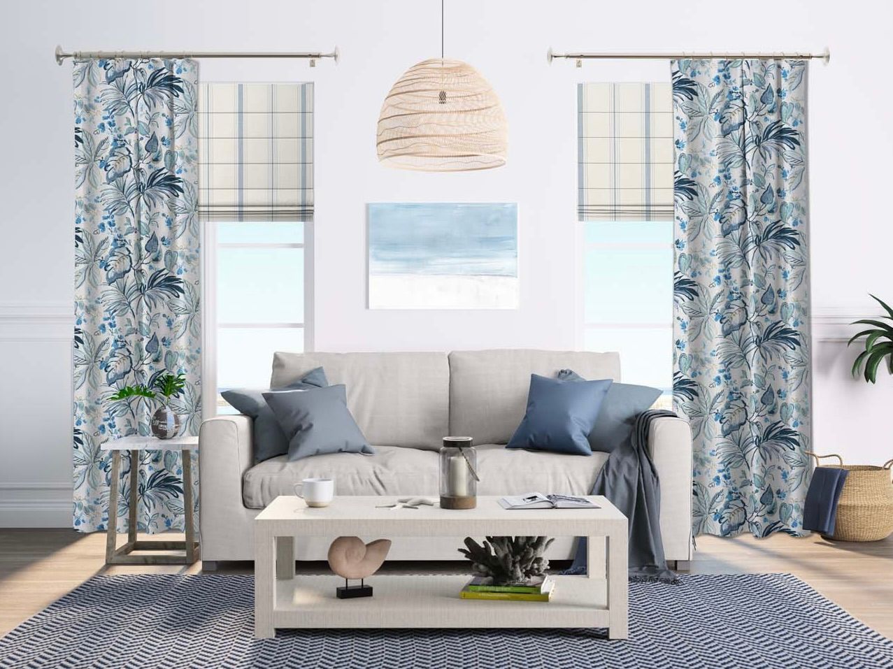 A Living Room with A Couch , Coffee Table , and Curtains.