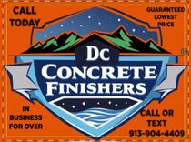 Logo for "DC Concrete Finishers" with contact info, orange and blue color scheme.