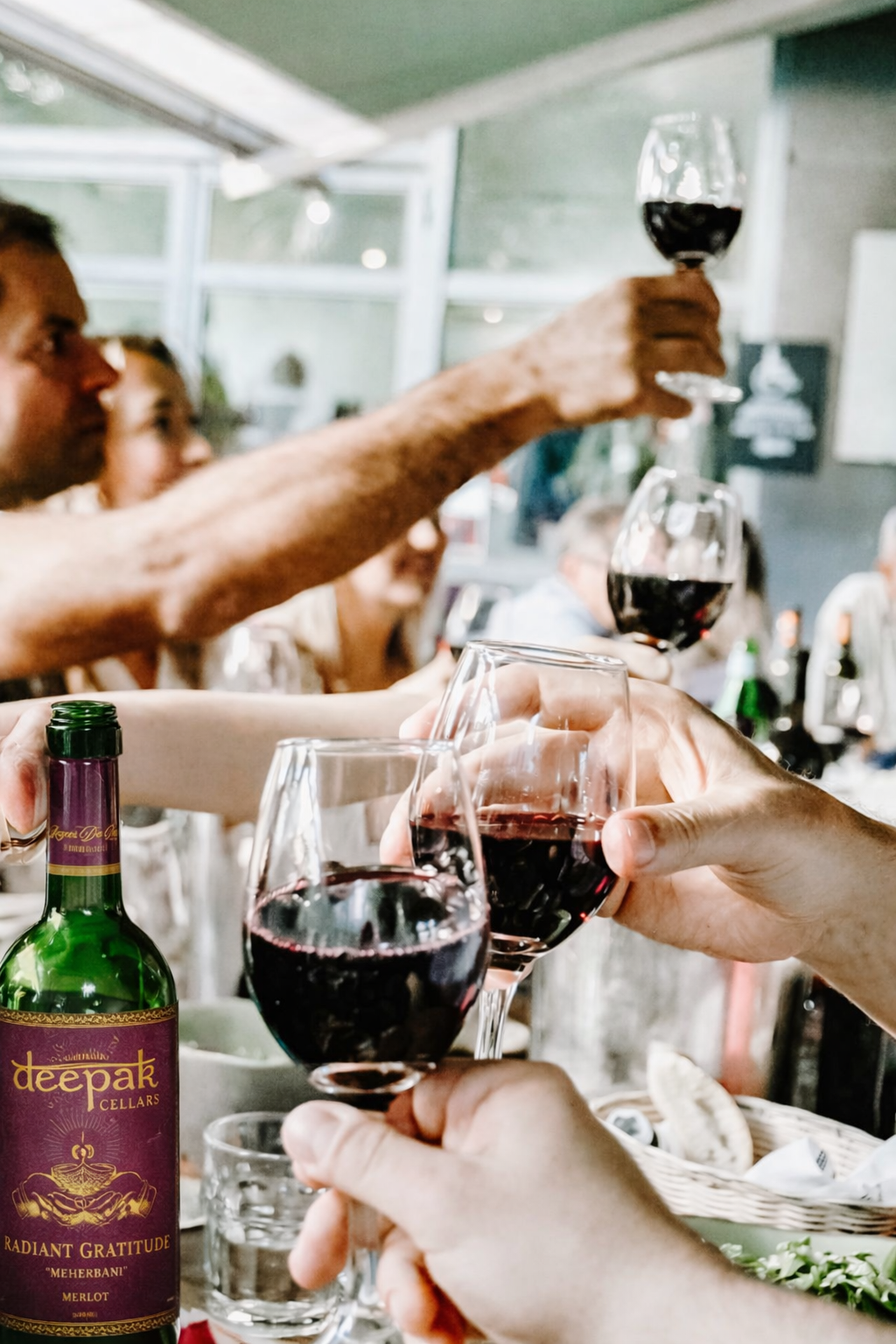 People toasting with glasses of red wine; a bottle of wine in the foreground.