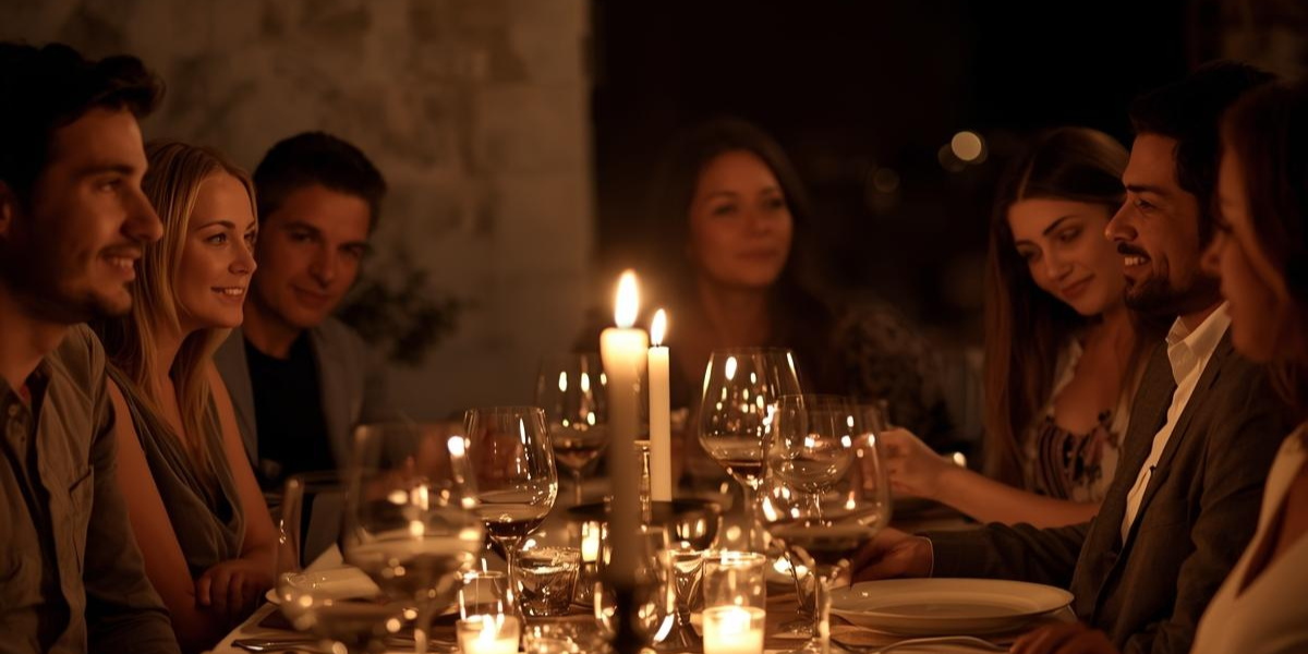 People at a candlelit dinner, gathered around a table with wine glasses, in a warm, intimate setting.