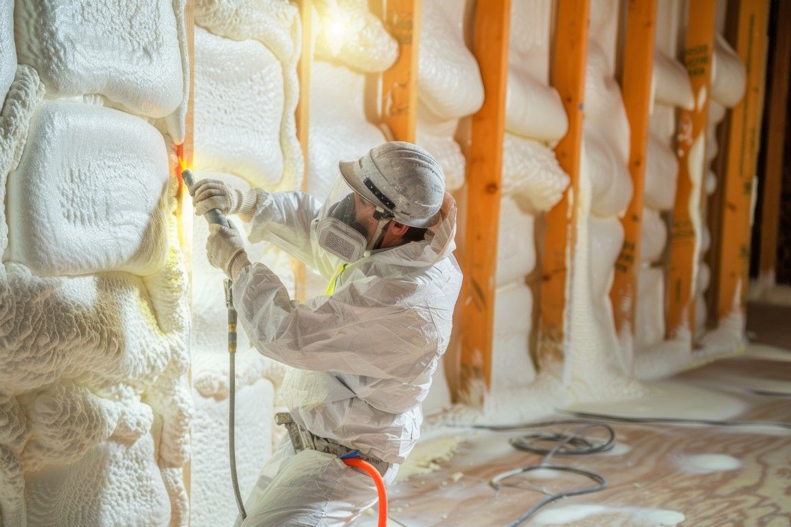 Worker spraying expanding foam into stud cavities to seal air leaks and drafts.