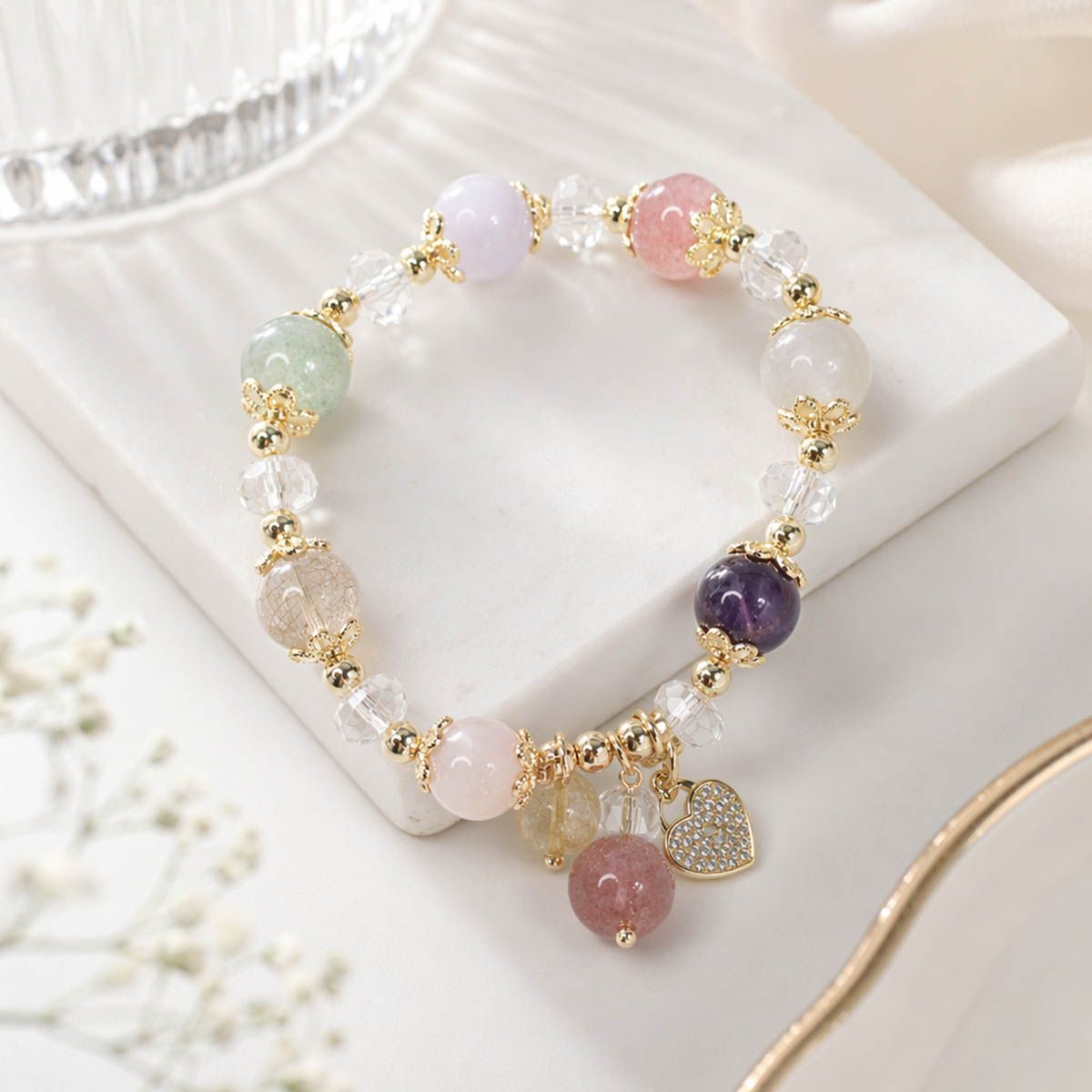 愛心七彩多寶水晶手鍊 水晶開運手飾 女生必備能量飾品