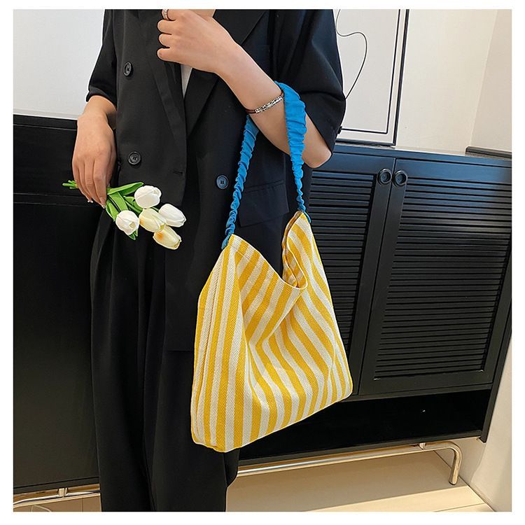 條紋大容量帆布包 單肩托特包 購物包 學生包 女用環保袋 輕便休閒側背包