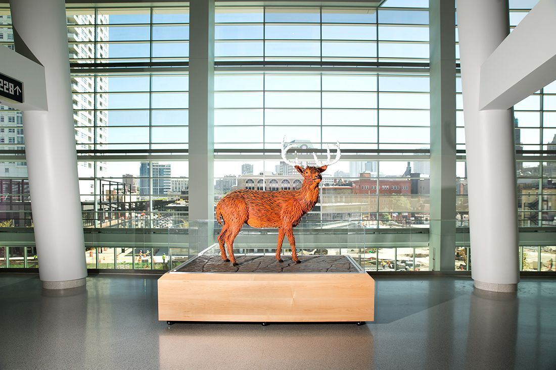 Deer statue on a wooden platform inside a modern building with large windows overlooking a city.