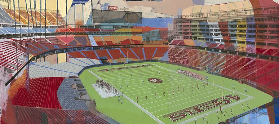 Painting of a football stadium, red seating, green field, and players.