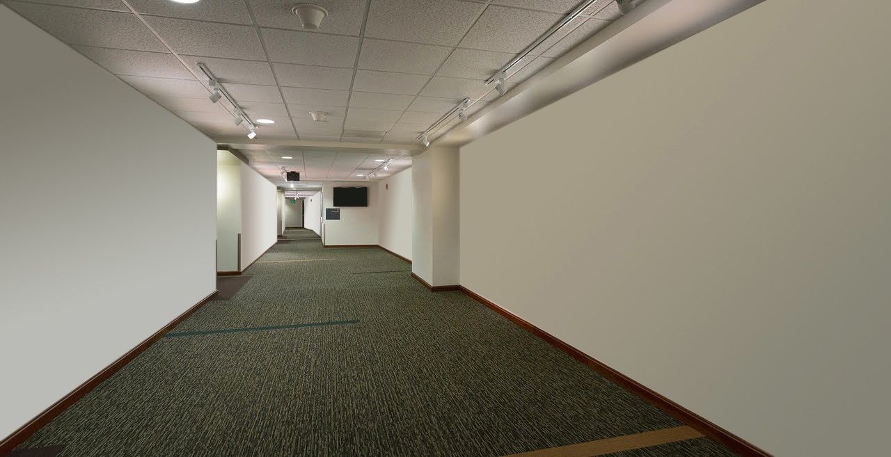Long, empty hallway with white walls and green carpet.
