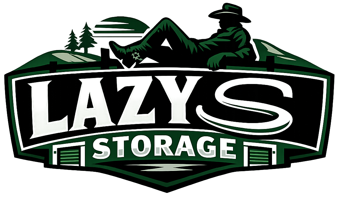 Logo for Lazy S Storage showing a person resting on a dark green, shield-shaped badge with the brand name in bold text.