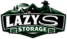 Logo for Lazy S Storage showing a person resting on a dark green, shield-shaped badge with the brand name in bold text.