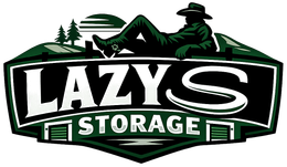 Logo for Lazy S Storage showing a person resting on a dark green, shield-shaped badge with the brand name in bold text.
