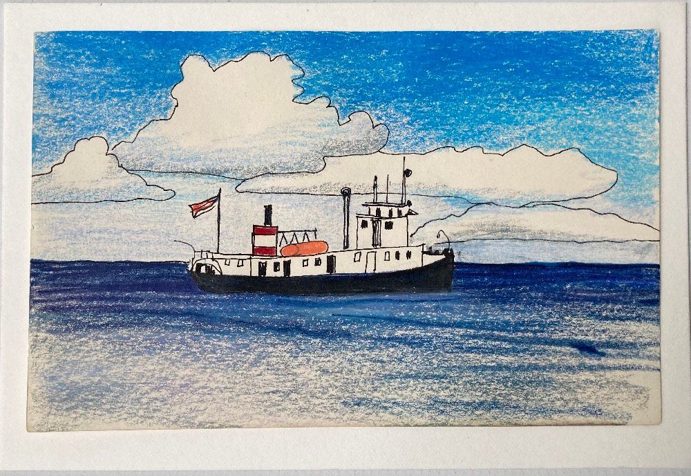 Block Island Ferry, colored pencil and pen & ink