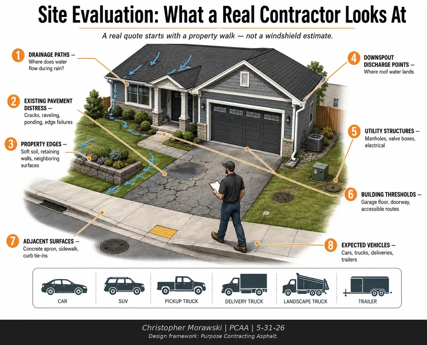 Site evaluation checklist showing the 8 things a real paving contractor inspects on a property — New Berlin, WI.