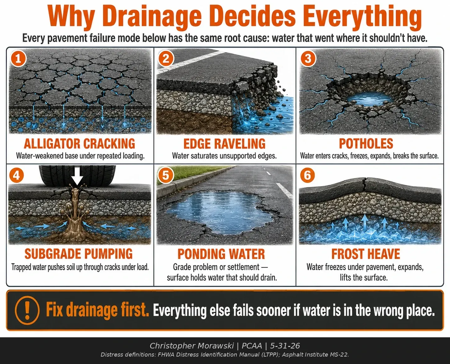 6 asphalt pavement failure modes caused by poor drainage: alligator cracking, raveling, potholes, ponding — Greendale, WI.