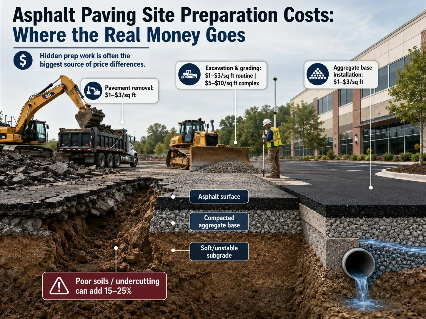 Cutaway asphalt paving site preparation graphic showing excavation, pavement removal, aggregate base, drainage, and unstable subgrade costs.