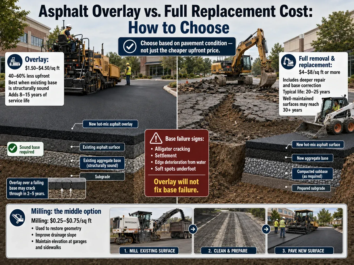 Comparison infographic showing when an asphalt overlay, milling, or full replacement is the right paving choice based on base condition.
