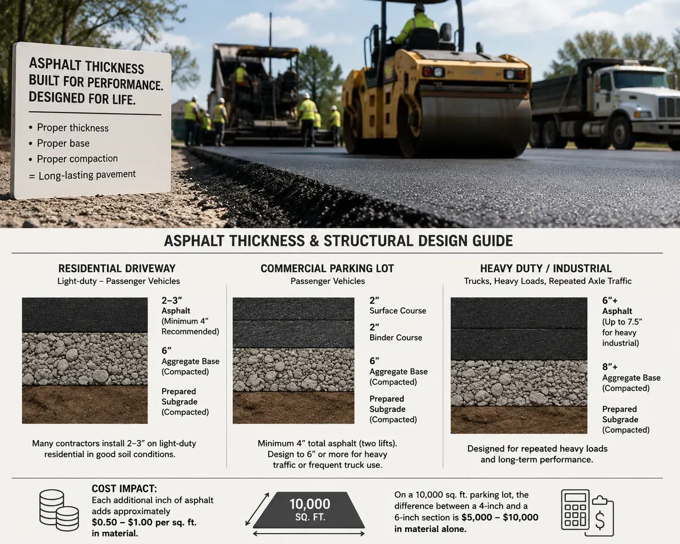 Asphalt thickness guide comparing residential driveway, commercial parking lot, and heavy-duty pavement layer designs and cost impact.
