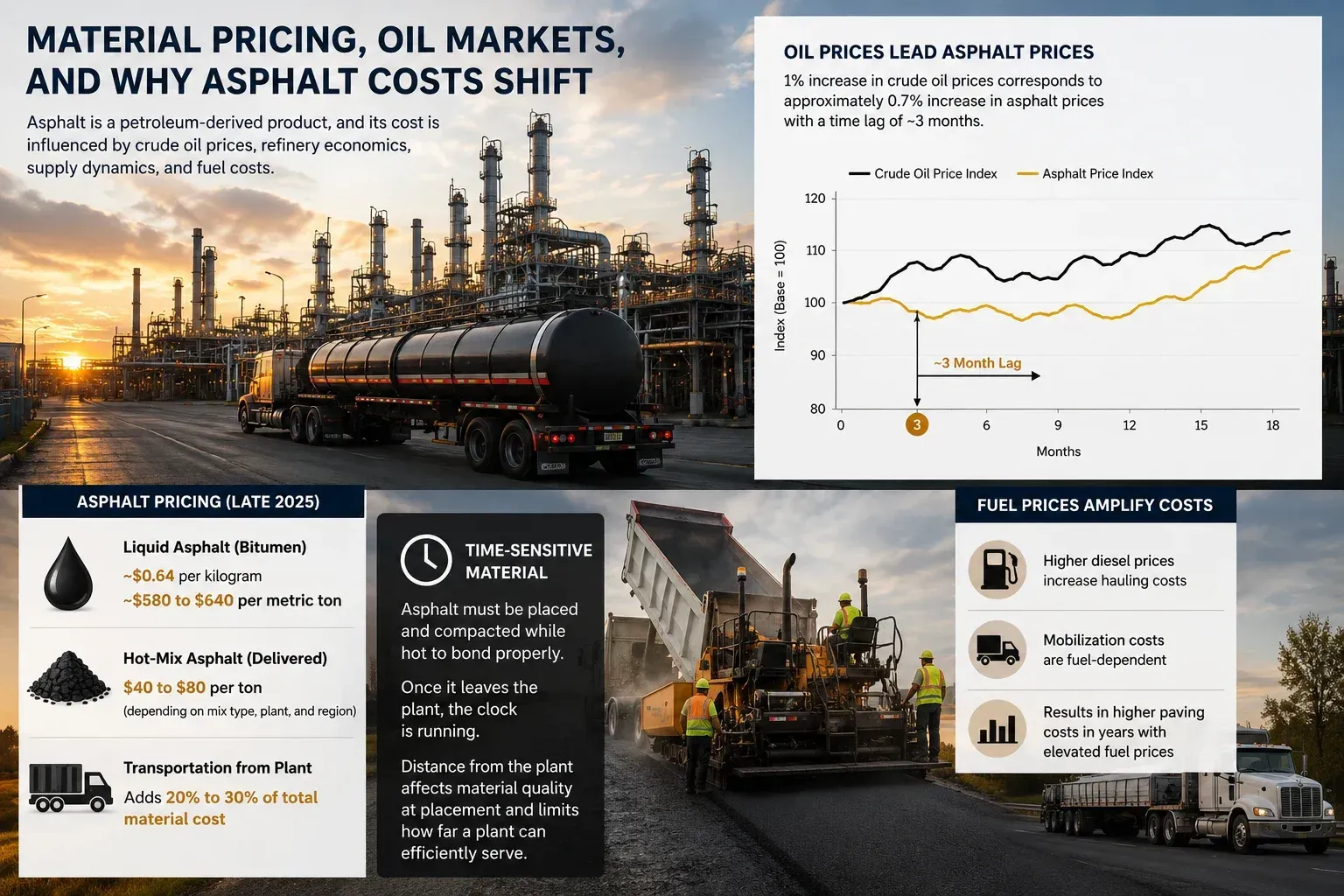 Infographic explaining how oil prices, liquid asphalt, hot-mix asphalt, trucking, fuel, and timing can shift asphalt paving costs.