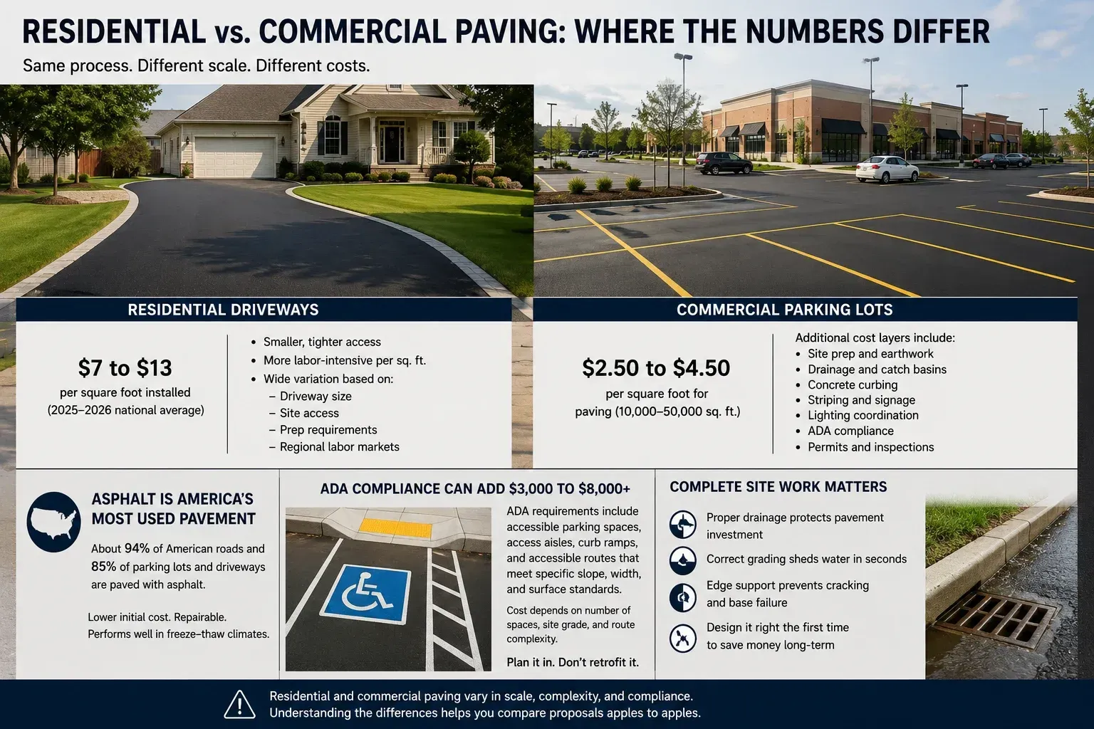 Infographic comparing residential driveway paving costs with commercial parking lot costs, including access, ADA, drainage, and inspection factors.
