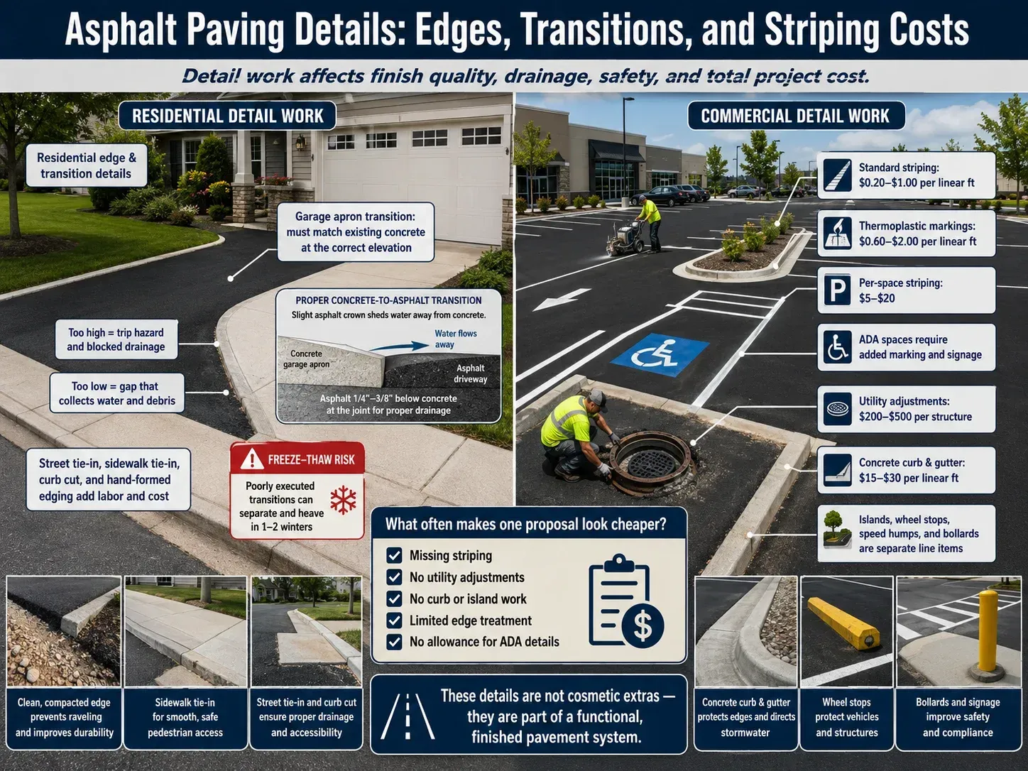 Asphalt paving detail guide showing how edges, driveway transitions, striping, ADA stalls, utility adjustments, and concrete tie-ins affect cost.