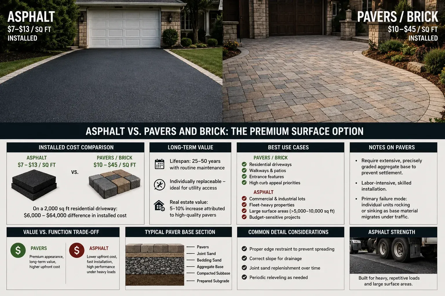 Cost comparison infographic showing asphalt paving versus pavers and brick for installation cost, long-term value, best uses, and maintenance.