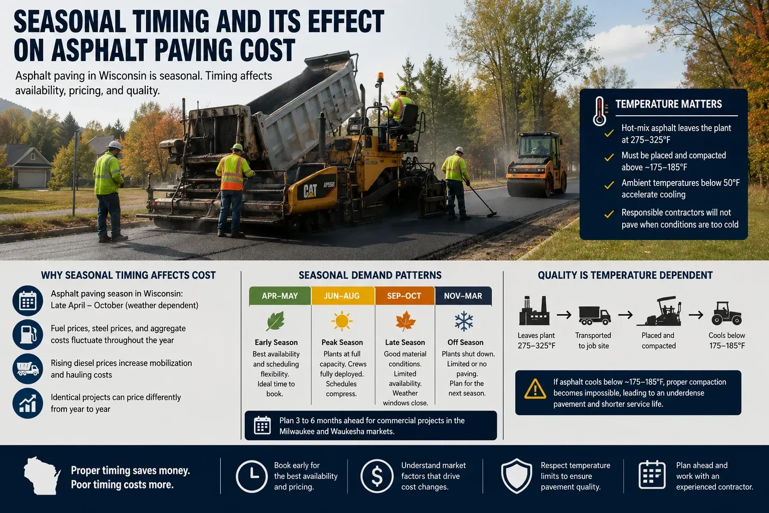 Seasonal asphalt paving cost infographic showing how Wisconsin weather, contractor availability, temperature, and scheduling affect price and quality.