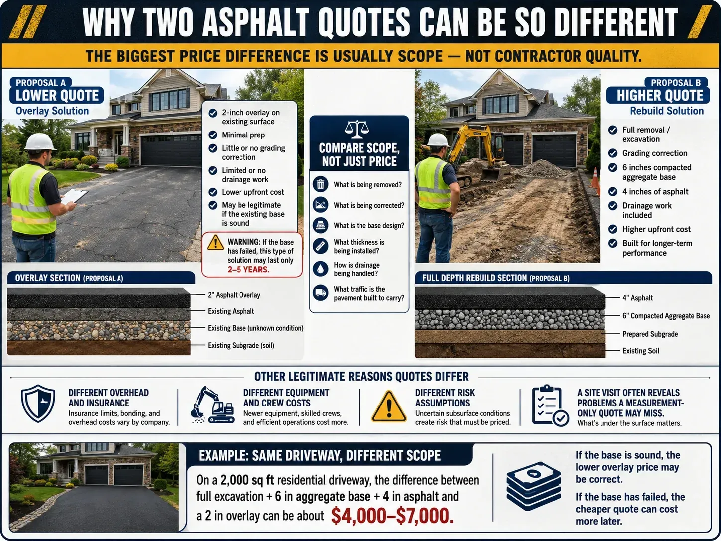 Infographic explaining why two asphalt paving quotes can be very different when one includes only an overlay and another includes full reconstruction.