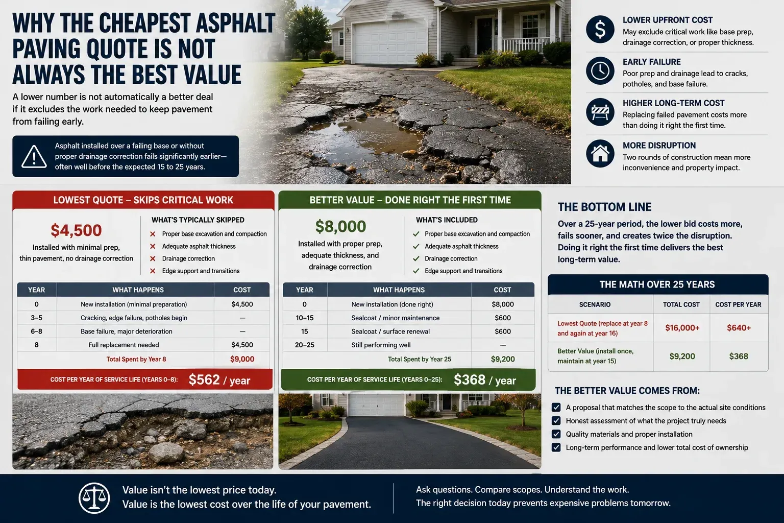 Infographic comparing low asphalt paving bids with better-value work, showing upfront price, hidden failures, yearly cost, and long-term repair risk.