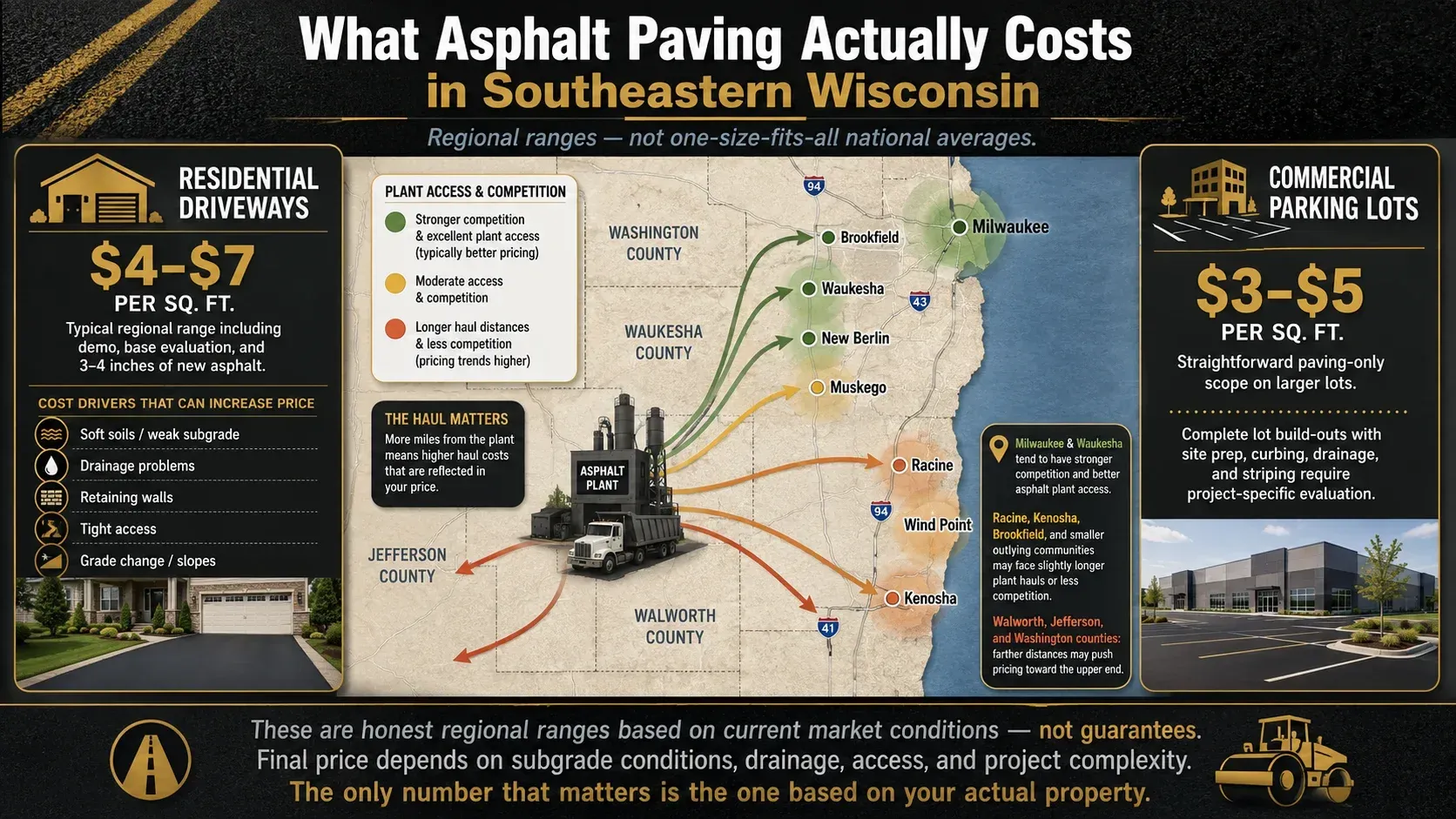 Regional asphalt paving cost infographic for Southeastern Wisconsin showing driveway and parking lot price ranges on a local service area map.