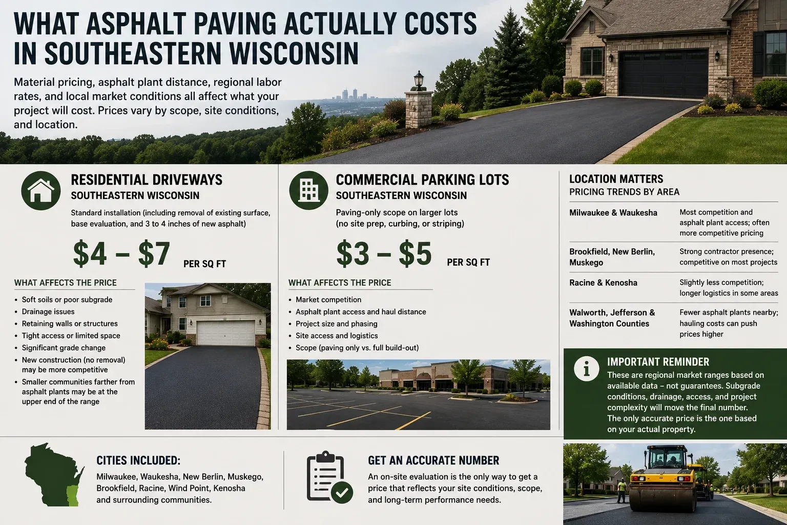 Southeastern Wisconsin asphalt paving cost guide comparing residential driveway and commercial parking lot pricing with local market factors.