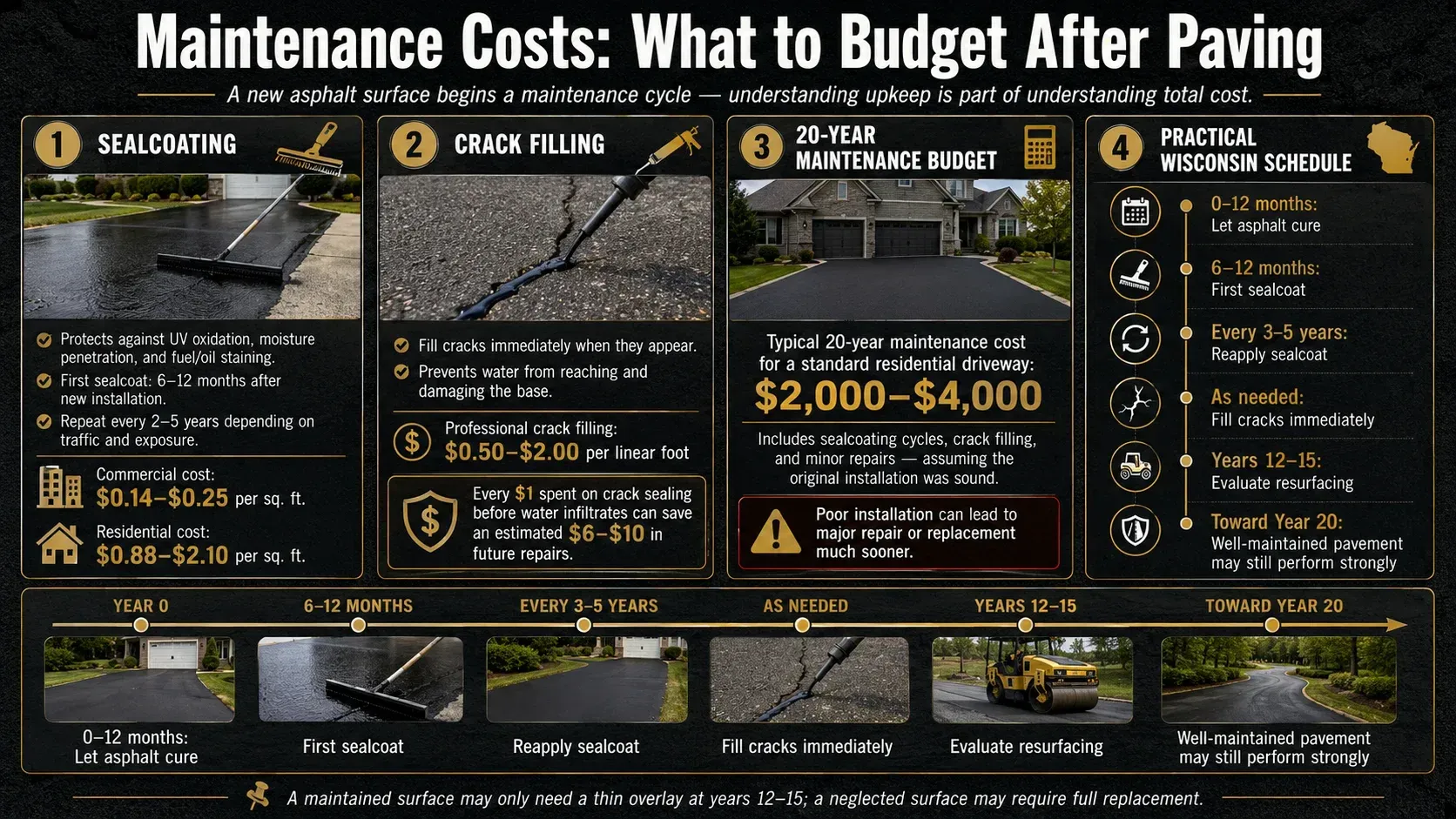 Maintenance cost infographic showing what to budget after asphalt paving for sealcoating, crack filling, resurfacing, and long-term pavement care.