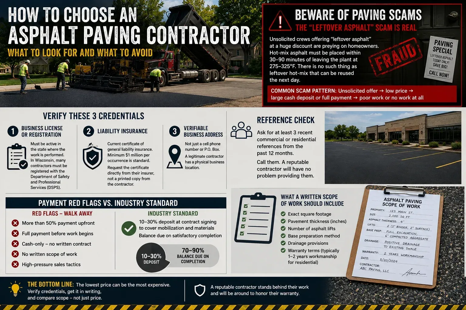 Contractor selection infographic warning about paving scams, low bids, leftover asphalt claims, missing insurance, and vague written scope.