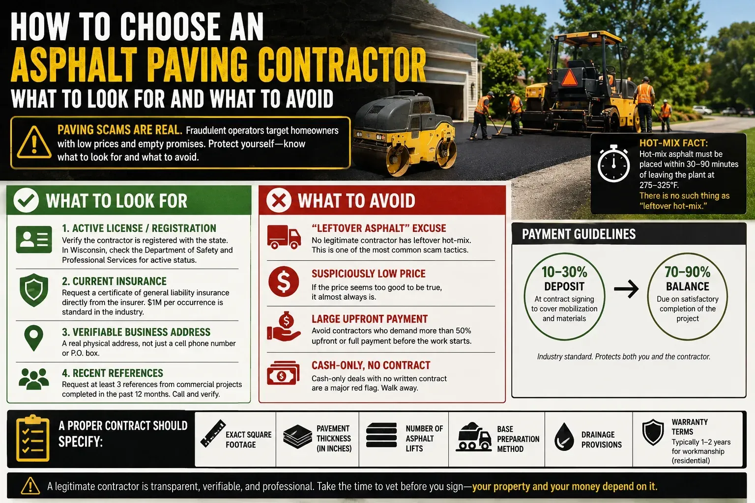 Infographic on choosing an asphalt paving contractor, showing what to look for, what to avoid, payment standards, and contract requirements.