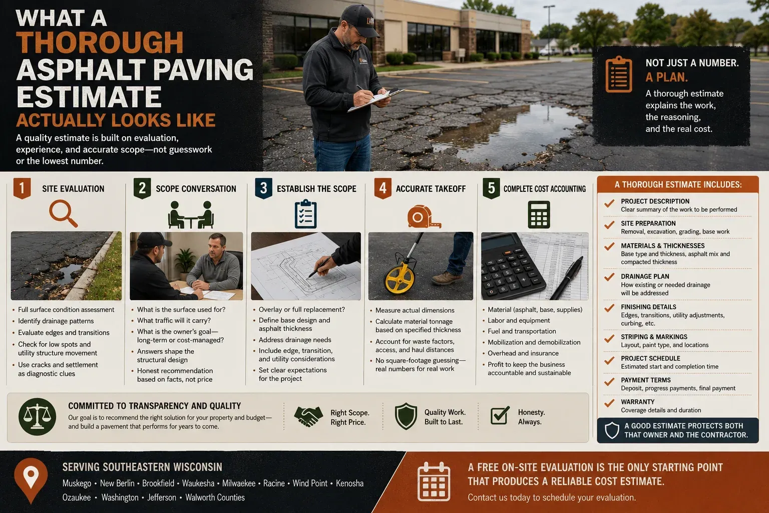 Guide showing what a thorough asphalt paving estimate should include, from site evaluation and scope to materials, drainage, pricing, and warranty.