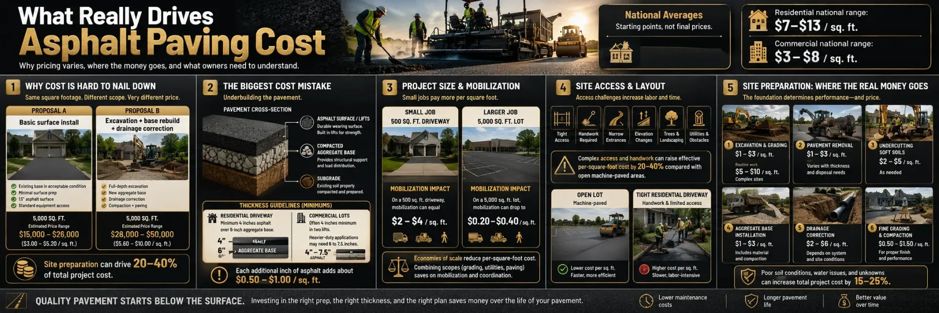 Wide banner infographic summarizing asphalt paving cost drivers, including site prep, project size, materials, access, drainage, and regional averages.