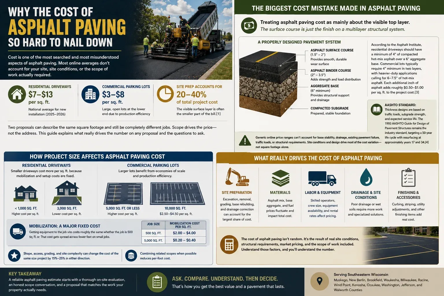 Article infographic explaining why asphalt paving costs are hard to estimate without seeing site prep, project size, structure, materials, and drainage.