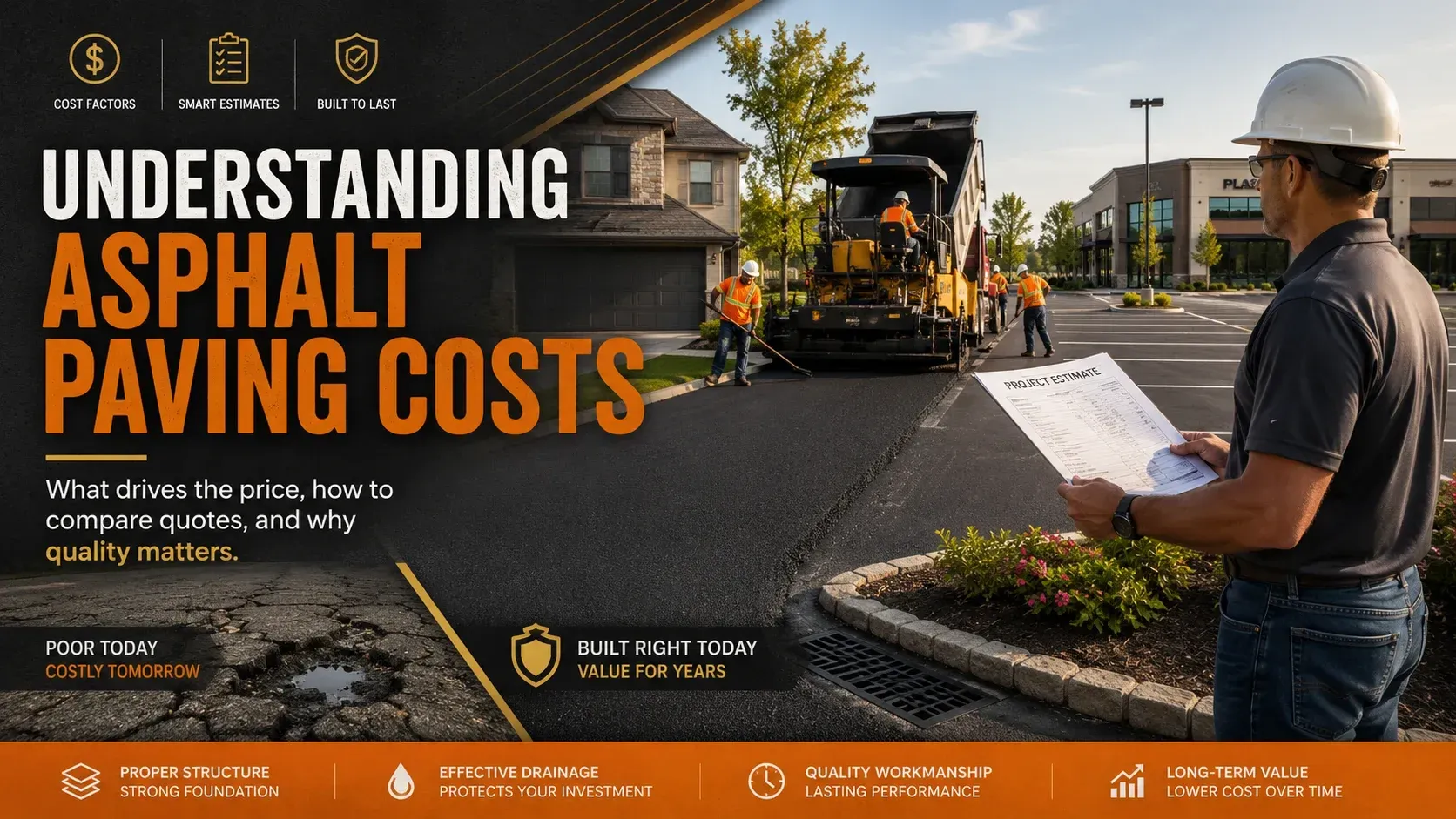 Cover image for an asphalt paving cost guide showing a contractor reviewing an estimate beside paving crews working on a driveway and parking lot.